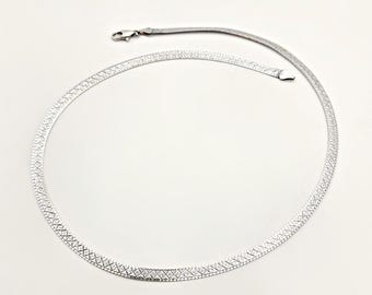 Vintage Sterling Herringbone Necklace 18" – 4mm Textured 925 Italy Flat Chain