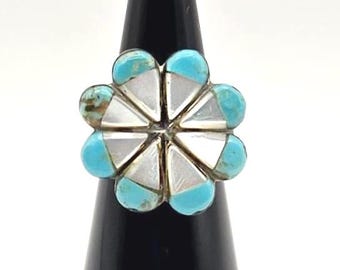 Vintage Zuni Turquoise & Mother of Pearl Flower Ring Size 4.75