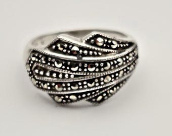 Vintage Marcasite Fan Ring Sterling Silver Size 6 Art Deco Revival 925
