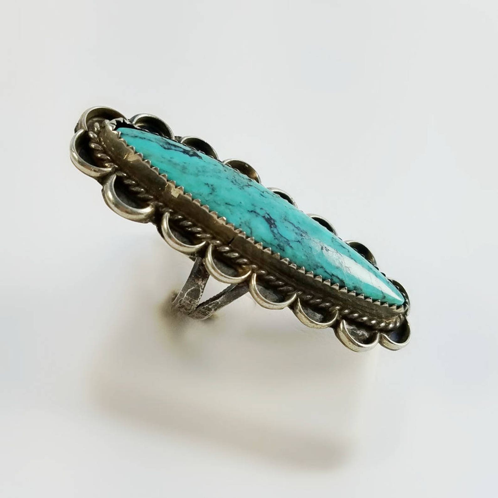 Long Turquoise Ring - Native American Turquoise Ring Size 6.25 - Signed ...