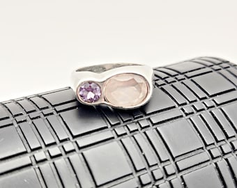 Vintage Sterling Silver Amethyst Champagne Stone Modernist Ring Size 7.5