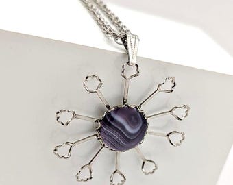 Vintage Starburst Necklace: Purple Lace Agate Pendant, 24" Silver Chain