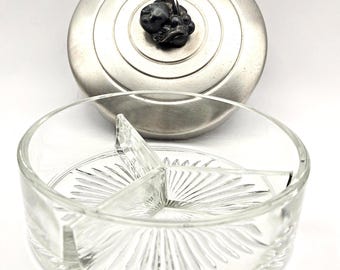 Vintage Mid-Century Glass Candy Dish with Metal Lid