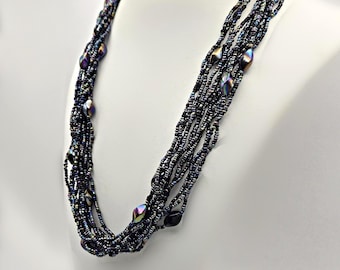 Vintage 12 Strand Beaded Necklace Iridescent Glass Seed Beads 23 Inch Statement