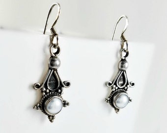 Vintage Sterling Mother of Pearl Earrings 1970s Ornate Dangle Earrings