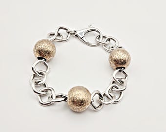Vintage Sterling Silver Square Link Bracelet – Gold-Tone Beads, 1980s Chain