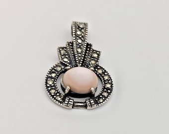 Art Deco Marcasite & Pink Stone Pendant - Sterling Silver 925