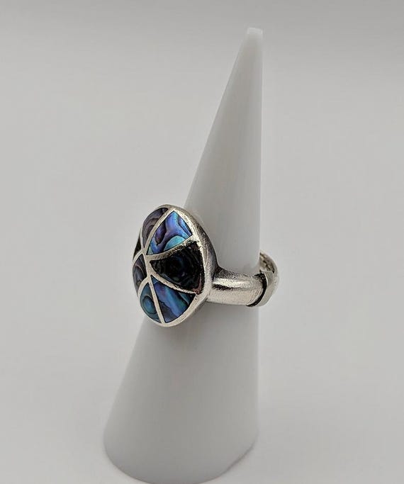 Abalone Sterling Ring - Vintage Abalone Silver Ri… - image 2