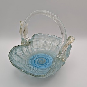 Vintage Murano Art Glass Basket - Mid-Century Turquoise and White Swirl Bowl with Aventurine Accents