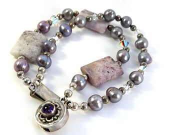 Chunky Lavender Stone Artsian Bracelet – Two Strand 925 Silver Beaded Bracelet, Vintage Statement Jewelry