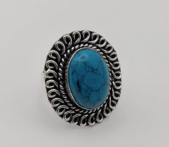 Turquoise Cabochon Ring Size 8 - German Silver Bo… - image 1