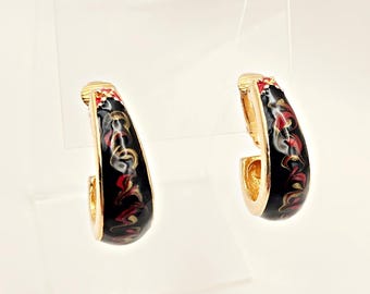 Pendientes de aro vintage de oro con esmalte negro y clip en espiral rojo de 3,17 cm (1,25 pulgadas)