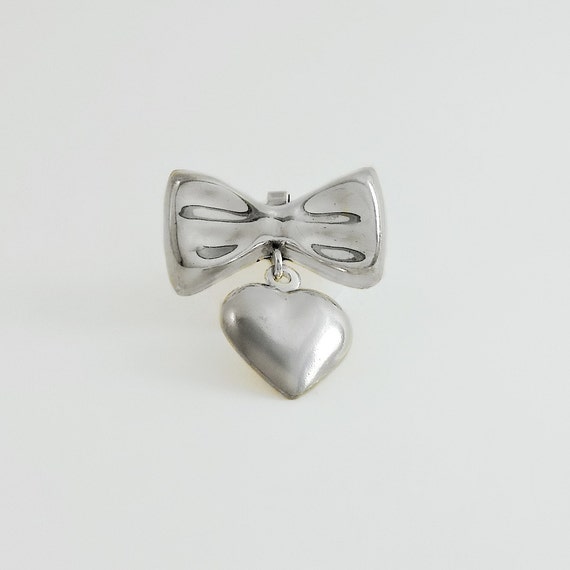 Vintage Taxco Sterling Silver Bow Heart Brooch Pendant  Sterling Silver Bow And Heart Brooch Vintage 925 Mexico Puffy Pin Marked main image 0