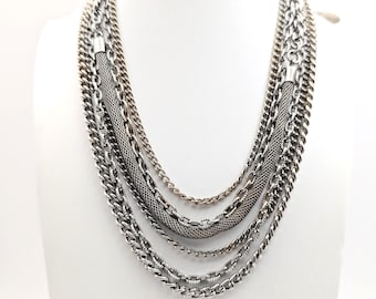 Vintage 1970s Multi Strand Chain Necklace Silver Tone Layered Statement Bib Adjustable Collar