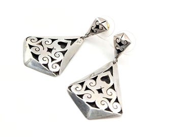 Vintage Sterling Silver Trapezoid Earrings: Heart Cut-Out Swirl Design
