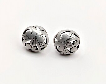 Vintage Sterling Silver Openwork Scroll Button Earrings 1970s