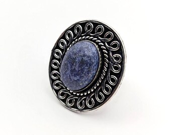Vintage Lapis Lazuli Ring German Silver Ornate Blue Stone Size 9