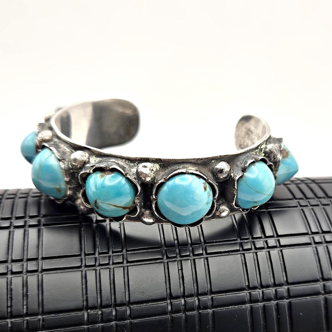 Vintage 1950s Navajo Kingman Turquoise Sterling Silver Seven-stone Cuff ...