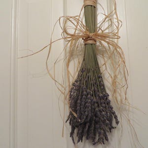 May include: A bundle of dried lavender, tied with raffia and twine. The lavender has purple flower heads and green stems. The raffia and twine are a natural tan color. The bundle is hanging against a white background.
