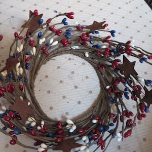 FULL PATRIOTIC CANDLE Ring       Red White Blue Pip Berry Ring with Rusty Stars
