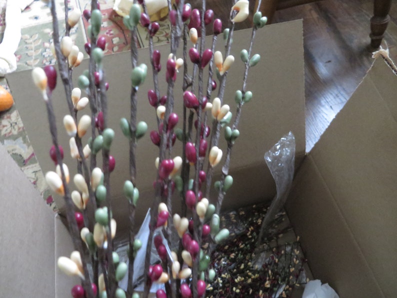 May include: Decorative artificial berry stems in a cardboard box. The stems are brown with clusters of cream, green, and burgundy berries. The berries are heart-shaped. The box is open, revealing more stems and packing material.
