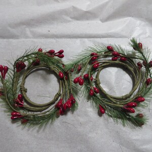 CHRISTMAS CANDLE RINGS            wispy Pine red Pip Berries Taper candle rings  or Napkin Rings   Votive ring