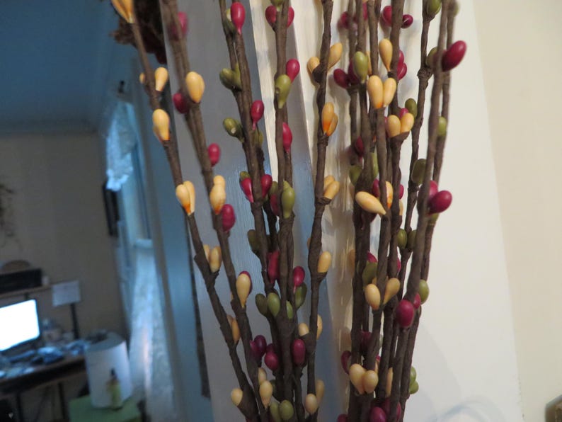 May include: A bundle of decorative twig stems with small, colorful bead-like accents. The beads are in shades of yellow, green, and burgundy, adding a touch of color to the brown stems. Ideal for home decor.