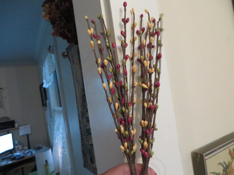 May include: A bundle of artificial berry stems with brown branches and colorful berries. The berries are a mix of red, yellow, and green, creating a natural, decorative accent. Perfect for adding a touch of color to any space.