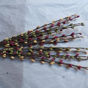 May include: Two bundles of decorative berry stems. The stems are brown, with small berries in shades of red, green, and yellow. The stems are arranged on a white, textured surface, creating a natural, rustic aesthetic.