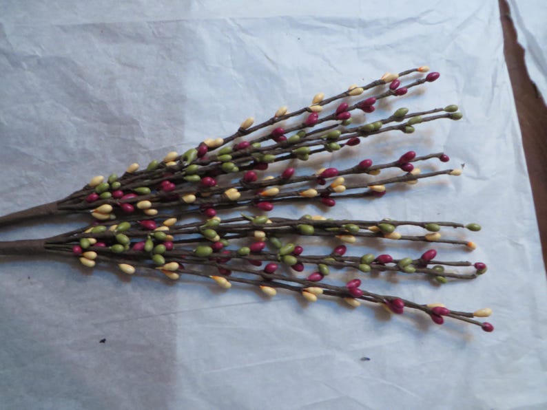 May include: Two bundles of decorative berry stems. The stems are brown, with small berries in shades of red, green, and yellow. The stems are arranged on a white, textured surface, creating a natural, rustic aesthetic.