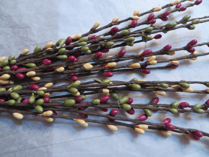 May include: Close-up of several decorative branches with small, colorful berries. The berries are in shades of green, cream, and burgundy, attached to brown stems. These branches are likely used for seasonal home decor.