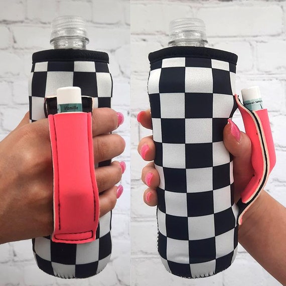 Checkerboard with Neon Pink Water Bottle Handler With Pocket Insulator Fits  bottles tallboys pocket handle w/chapstick holder patent pending