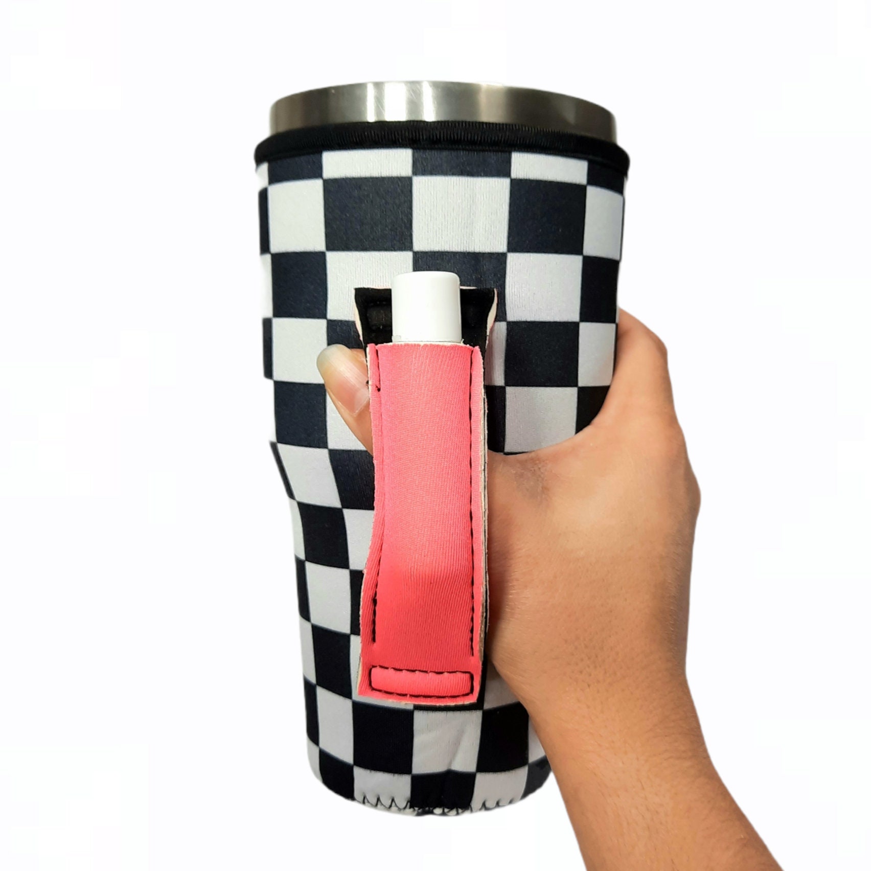 Checkerboard with Neon Pink Water Bottle Handler With Pocket Insulator Fits  bottles tallboys pocket handle w/chapstick holder patent pending