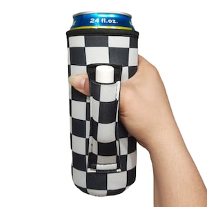 May include: Black and white checkered can cooler with a handle. The cooler is made of neoprene and has a 24 fl. oz. capacity.