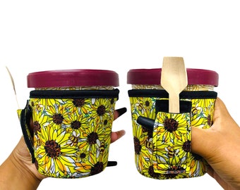 Sunflowers and Bees Pint Size Ice Cream Handler™ Holder with Pocket Patent Pending Pint Size Ice Cream Holder