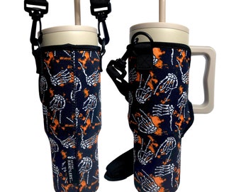 Skeleton Hands 40oz Tumbler With Handle Sleeve with Adjustable Strap