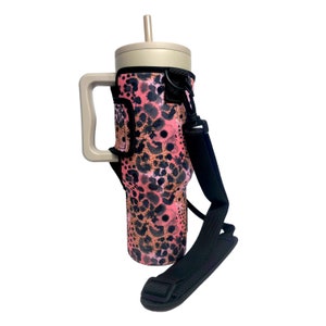 Blushing Leopard 40oz Tumbler With Handle Sleeve with Adjustable Strap