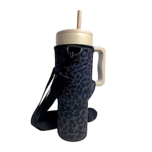 Black Leopard 40oz Tumbler With Handle Sleeve with Adjustable Strap
