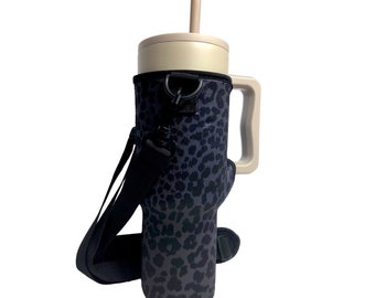 Black Leopard 40oz Tumbler With Handle Sleeve with Adjustable Strap