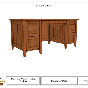 Könnte beinhalten: Ein brauner Computerschreibtisch aus Holz mit rechteckiger Tischplatte, zentralem Beinfreiraum und zwei Seitenelementen mit jeweils drei Schubladen. Der Schreibtisch hat Paneeldetails an den Seiten und der Vorderseite. Text oben: Computer Desk.