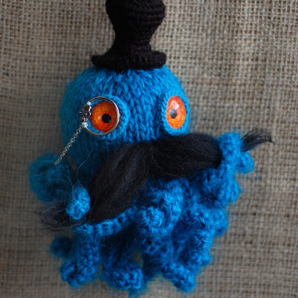 Bright blue Octopus toy. Soft Octopus toy. Mustache. Cylinder hat. Octopus Gentleman. Knitted toy. Crochet toy. Steampunk Octopus.