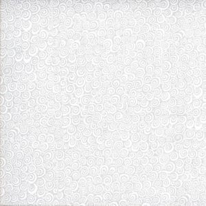 May include: White fabric with a repeating pattern of small white swirls on a light gray background.