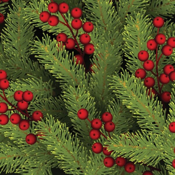 Christmas Red Berries and Green Foliage 100% Cotton Tone on Tone Tonal Fabric by the Half Yard