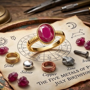 Peut inclure: Une bague en or avec une pierre précieuse rouge ovale posée sur un parchemin avec une carte astrologique, le texte "THE FIVE METALS OF PANCHDHAU JULY BIRTHSTONE - LEO" et des échantillons de métaux : or, argent, cuivre, zinc et fer.