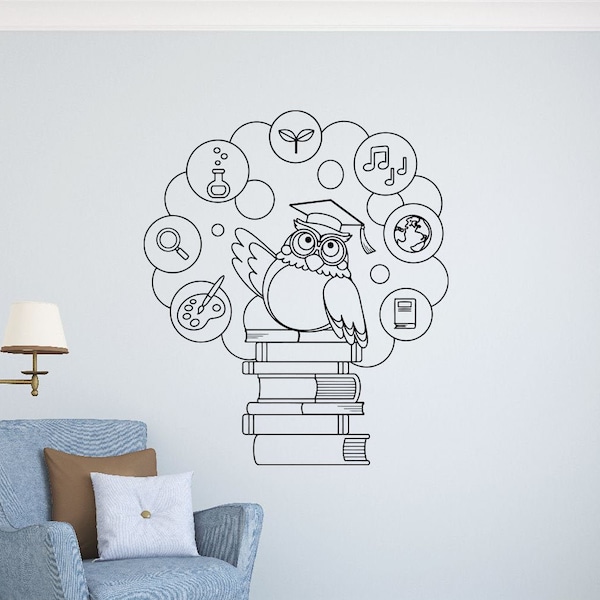 Owl with Books Wall Decal Vinyl Sticker Science and Education Classroom School Decor (119nr)