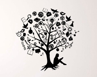 May include: Black and white silhouette wall decal of a tree with a person sitting under it reading a book. The tree is decorated with various icons representing education, knowledge, and learning, such as books, light bulbs, and musical notes.