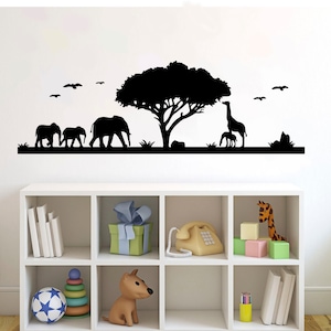 African Safari Animals Wall Decal Vinyl Sticker Wildlife Landscape Savanna Tree Home Decor (110nr)