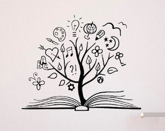 May include: Black and white wall decal of a tree growing from an open book. The tree's branches are adorned with various symbols, including a lightbulb, globe, musical notes, and a heart pierced by an arrow. The design is a whimsical representation of knowledge and learning.