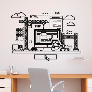 May include: Black and white illustration of a website under construction. The illustration features a computer monitor, cranes, and a backhoe. The text "HTML", "CSS", "PHP", "JS", and "C++" is included in the illustration.