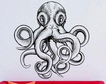 May include: A black and white illustration of an octopus with eight tentacles. The octopus is on a white wall above a red couch with pillows.